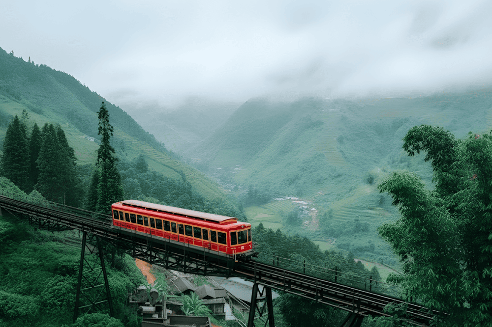 Passengers can enjoy panoramic views of Muong Hoa Valley through the large windows of the mountain railway's European-style carriages